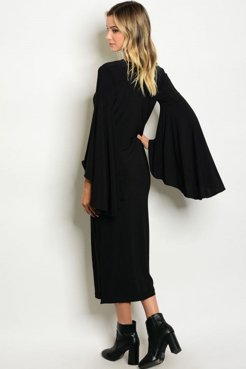 BLACK LACE-UP BELL SLEEVE DRESS