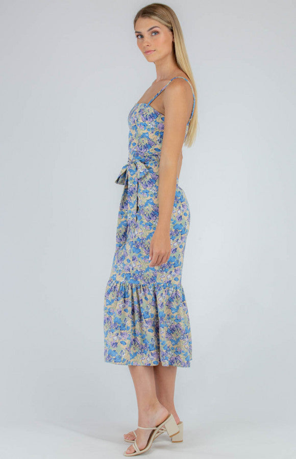 FLORAL SQUARE TIE WAIST MIDI DRESS