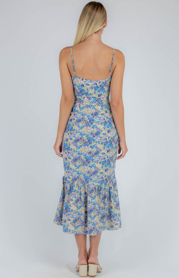 FLORAL SQUARE TIE WAIST MIDI DRESS
