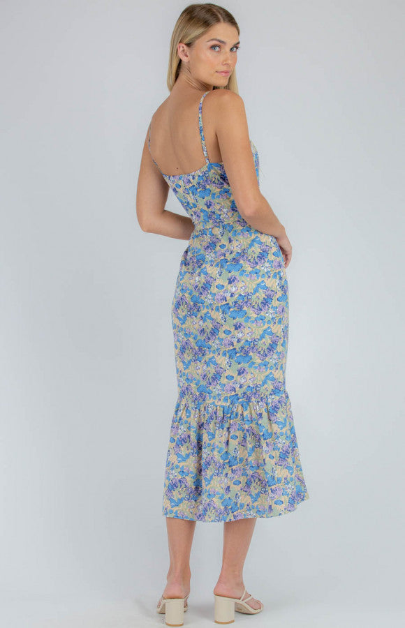 FLORAL SQUARE TIE WAIST MIDI DRESS