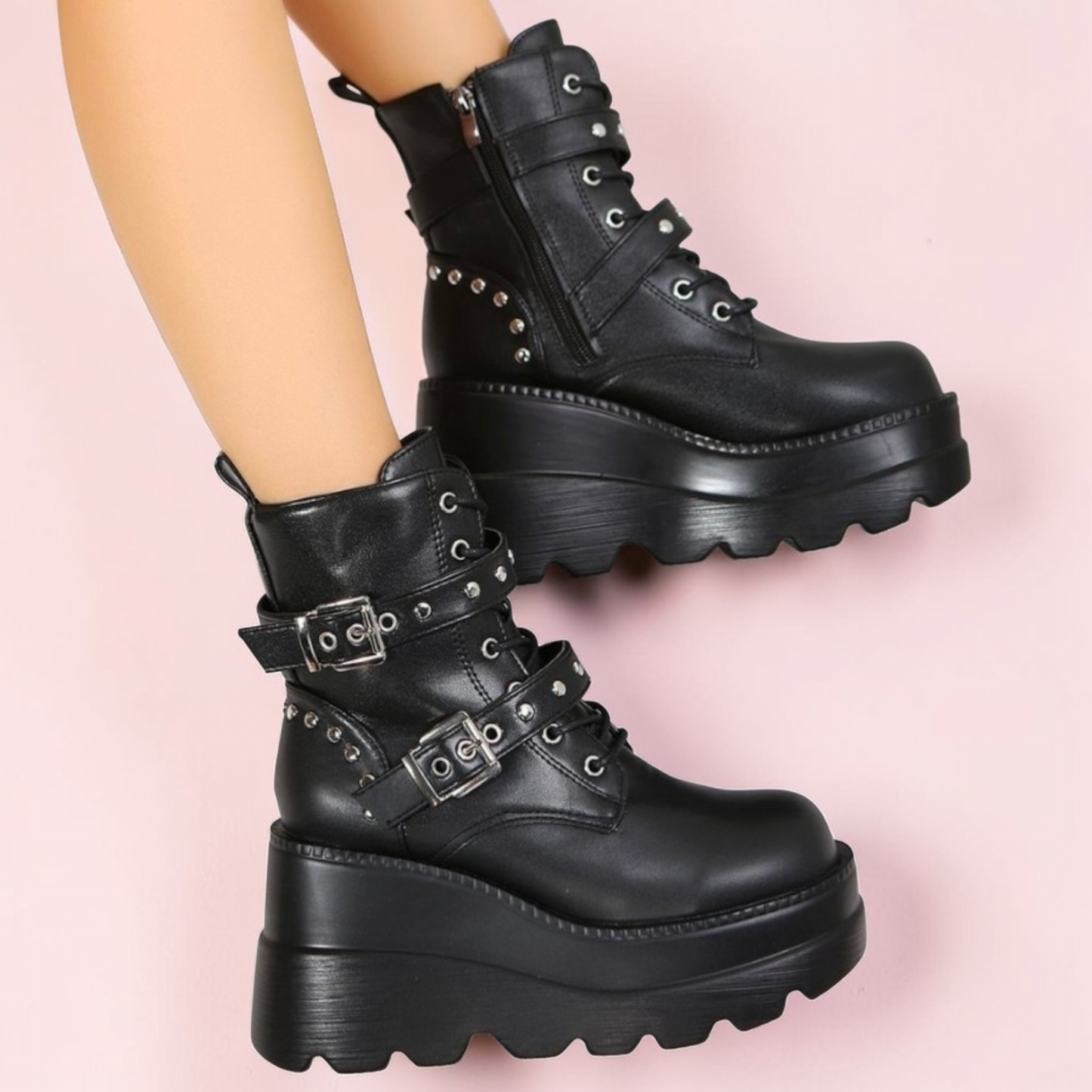 PU Leather Wedge Boots with Side Zip