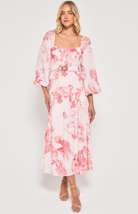 SWEET FLORAL MAXI DRESS WITH METAL CLASP BELT