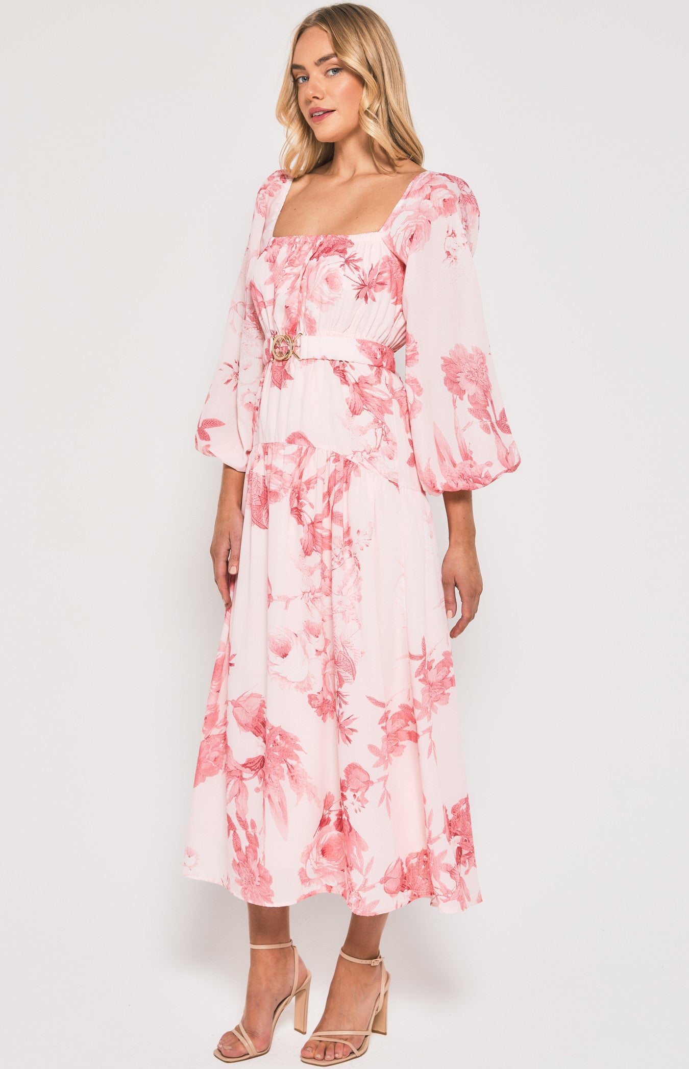 SWEET FLORAL MAXI DRESS WITH METAL CLASP BELT