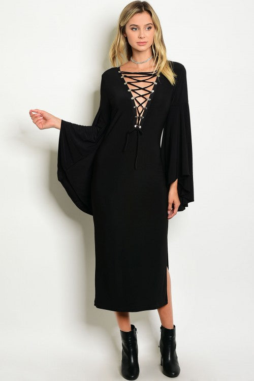 BLACK LACE-UP BELL SLEEVE DRESS