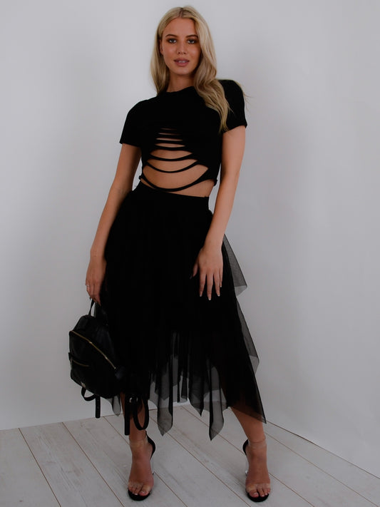 LAYERED MESH MIDI SKIRT