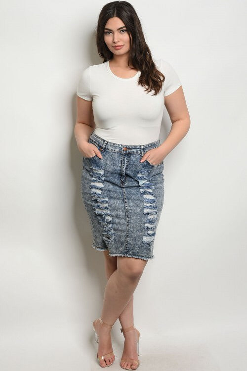 PLUS SIZE DISTRESSED DENIM SKIRT