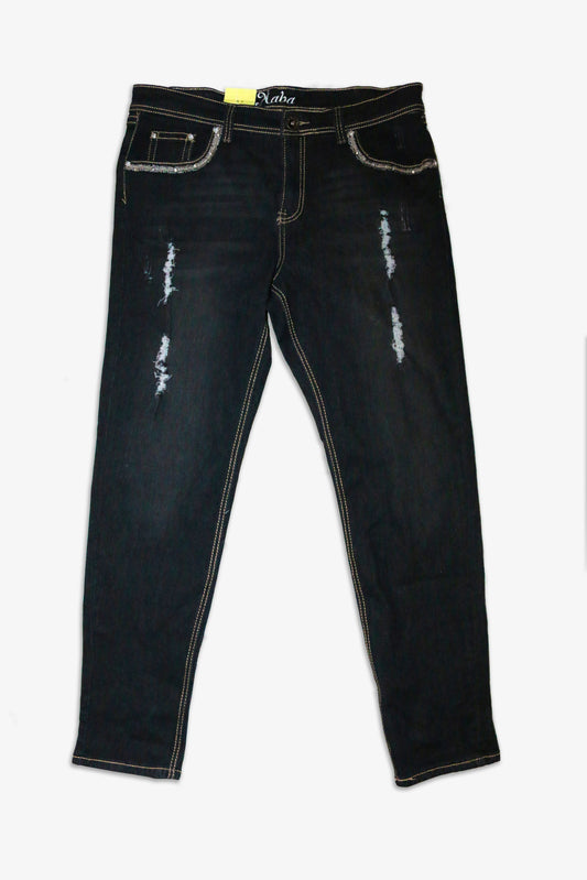 DISTRESSED DARK WASH JEANS