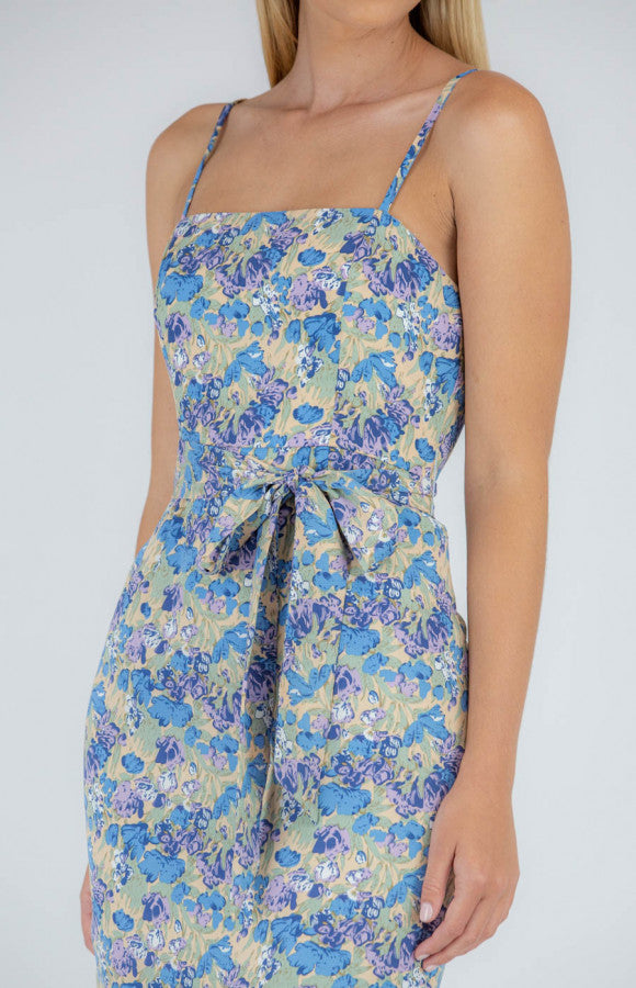 FLORAL SQUARE TIE WAIST MIDI DRESS