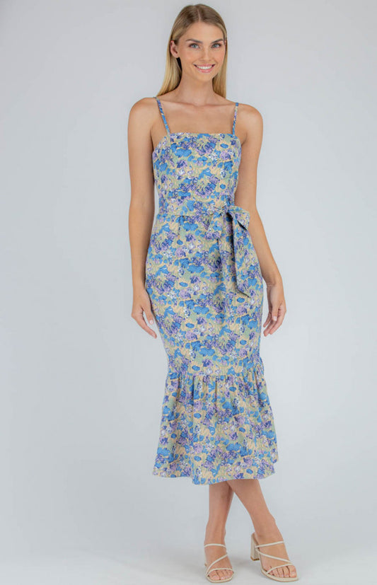 FLORAL SQUARE TIE WAIST MIDI DRESS